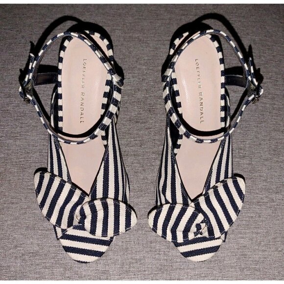 Loeffler Randall Leigh Striped Canvas Block Heel Sandal Navy and White Size 7B - Picture 5 of 9